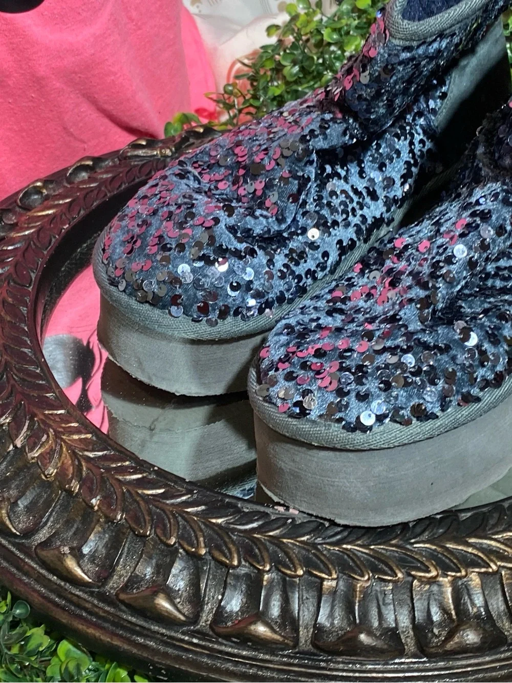 Shoe Dazzle Navy Sequin Platform Ankle Boots